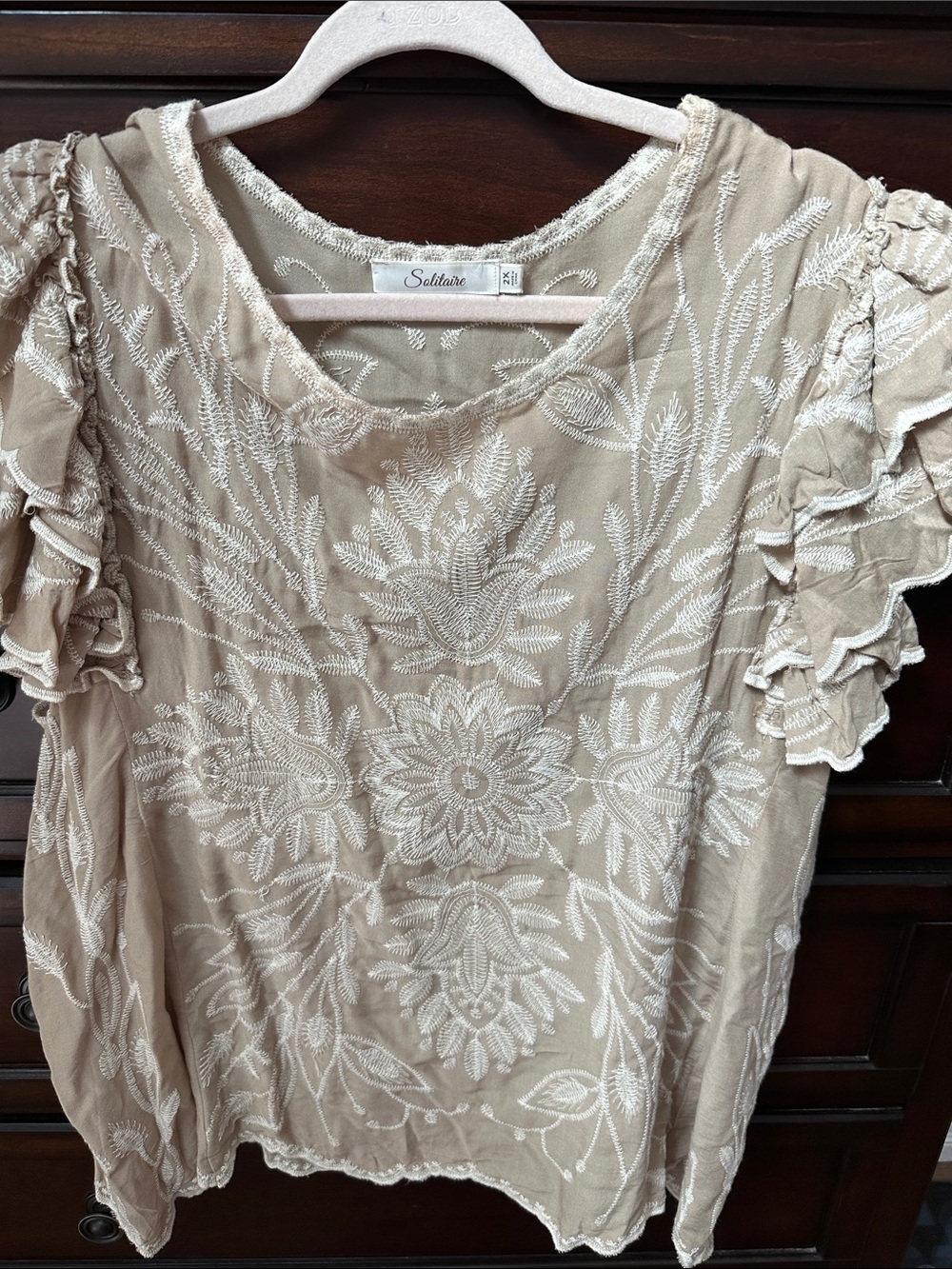 Solitaire Taupe Blouse with White Floral Embroidery and Ruffle Sleeves